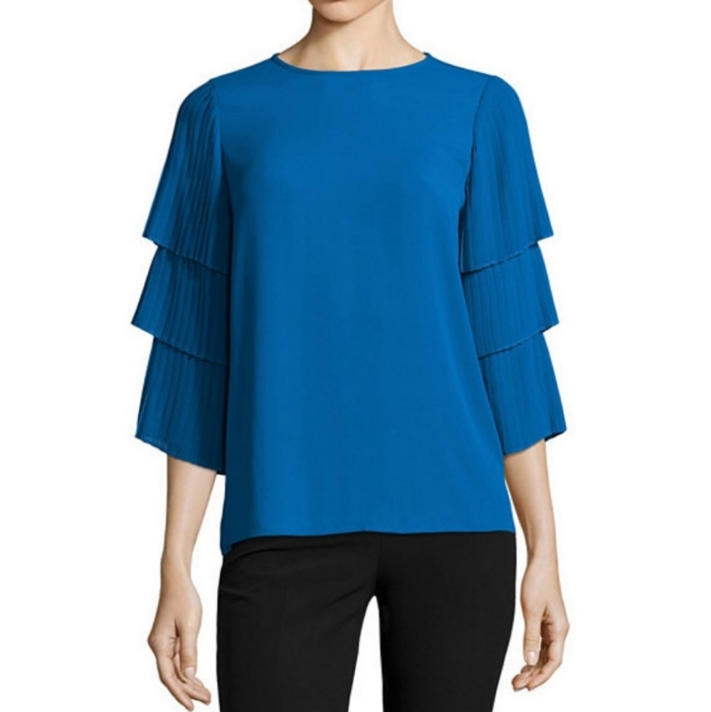 Worthington cayman blue pleated tiered sleeve blouse size xl